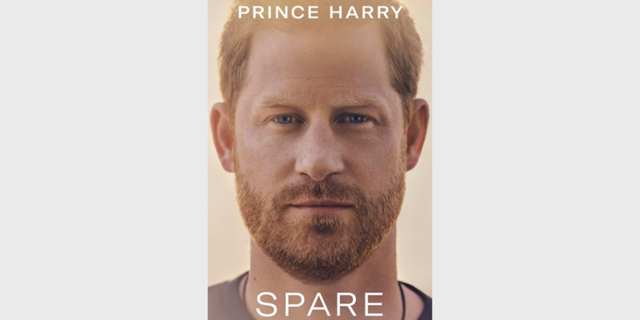 The book jacket of Spare which shows Prince Harry's head looking straight to camera. The words Prince Harry and Spare appear on the top and bottom of the image.